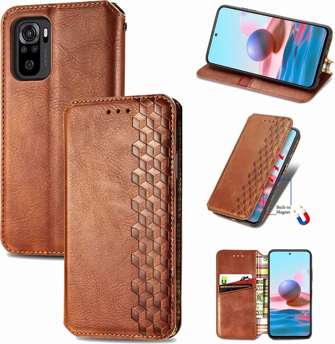 Luxe PU Lederen Ruitpatroon Wallet Case + PMMA Screenprotector voor Xiaomi Redmi Note 10S / Redmi Note 10 4G _ Bruin