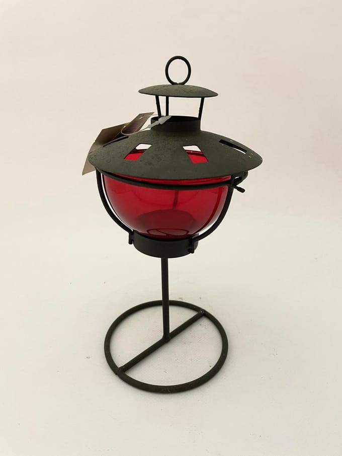 J-Line lantaarn op voet smeedijzer+glas roodbruin 24cm