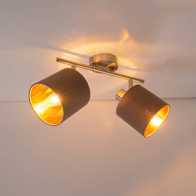 Plafondlamp Wandlamp "Maron" 46cm lengte 2 spots E14 Chroom Textiel Bruin