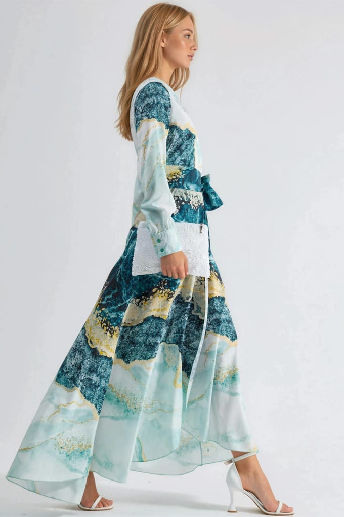 Abstracte Afdruk Lange Mouwen Maxi Jurk met Strikdetail