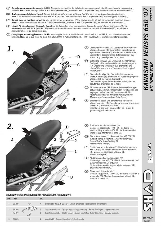 Support de top case Shad pour Moto Kawasaki 650 Versys 2007 à 2009 Neuf