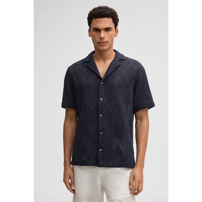 Clint-overhemd met korte mouwen, marineblauw met patroon