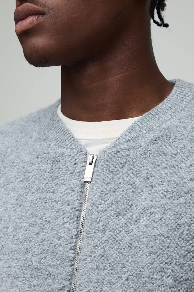 Bomberjack in normale pasvorm, gebreid met boucle | Grey | Size Medium