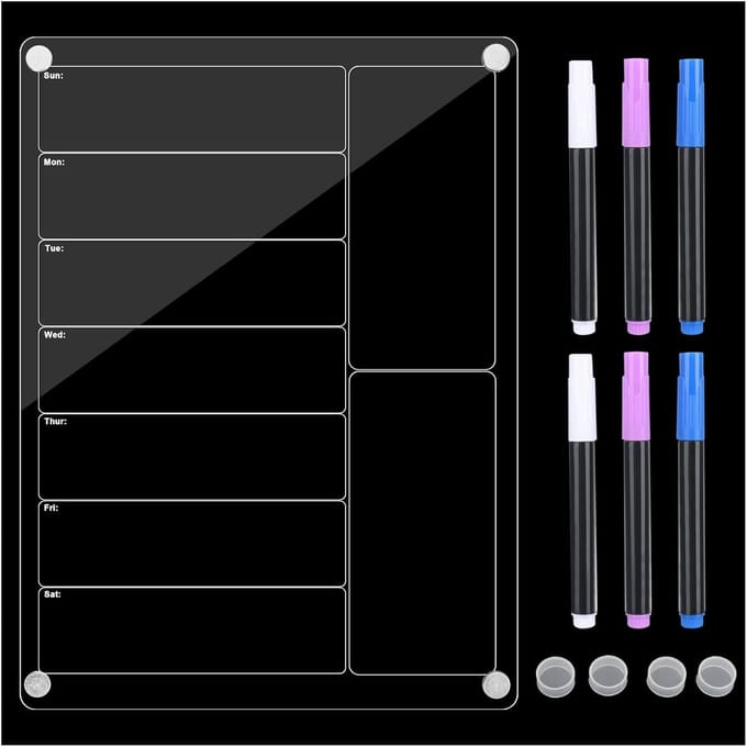 Magnetische Weekplanner Acryl Transparant - Koelkastkalender - Menuplanner met 6 Markers