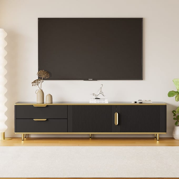 TV-Meubel - Met Gesneden Structuur en Gouden Grepen - Lowboard - MDF - Wit