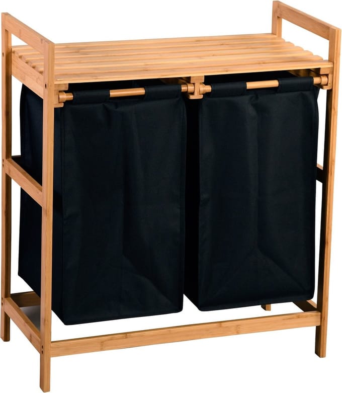 Wasmand met 2 vakken, 64x33x73cm, Bamboe, Polyester waszak