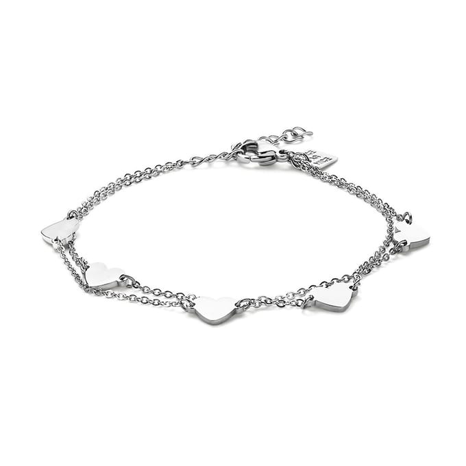 Twice As Nice Armband in edelstaal, dubbele ketting met 5 hartjes 19cm