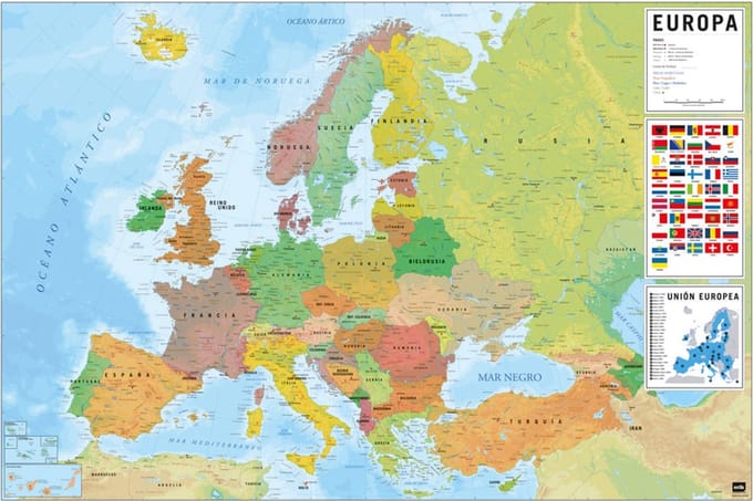 Poster Map of Europe - Physical Politic - Spaans - 91,5x61cm