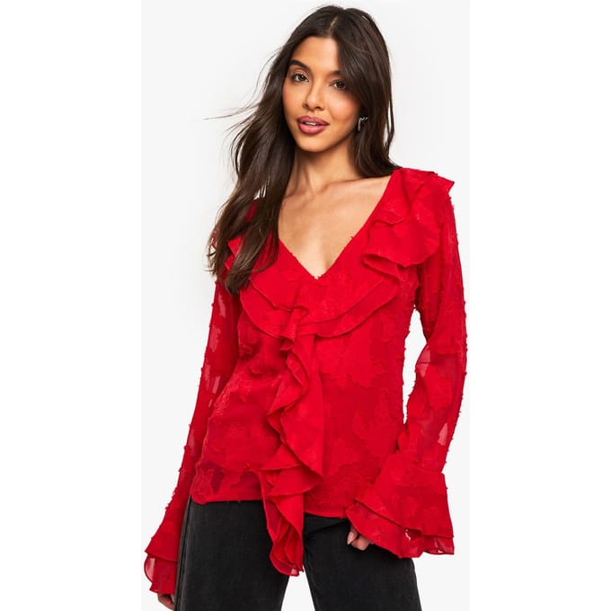 boohoo Dames Bloouse met bloemenstructuur en ruches | Red | Maat: 6