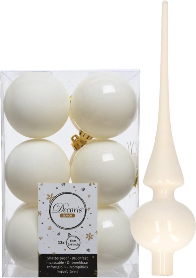 Kunststof kerstballen - 6 cm - 12x stuks - met glazen piek - wol wit
