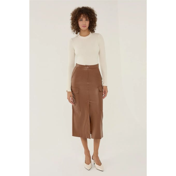 Faux leren midi rok met zakdetails