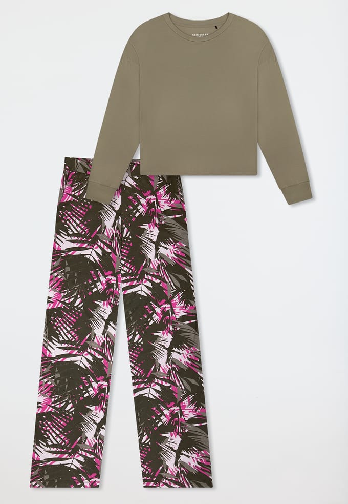 Lange pyjama van interlock met palmbomen, jade - Modern Nightwear 42