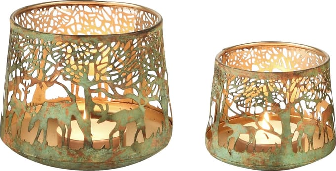 Dekoratief | Set 2 windlichten 'Wandering Deer', groen/goud, metaal, 12x12x14cm | A238206