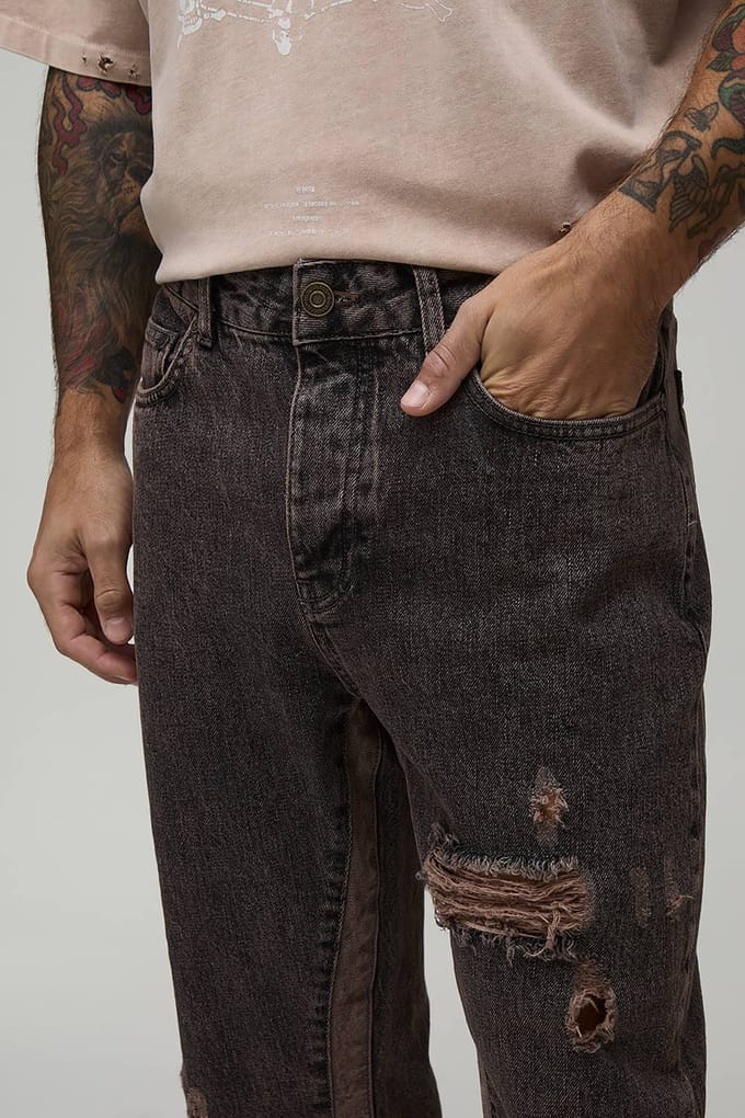 Slim Flare Gewassen Distressed Gusset Paneel Jeans | Stone | Size 42
