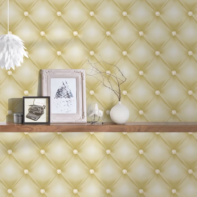 GECAPITONNEERD BEHANG met edelstenen - Groen Metallic Wit - AS Creation Hermitage 10