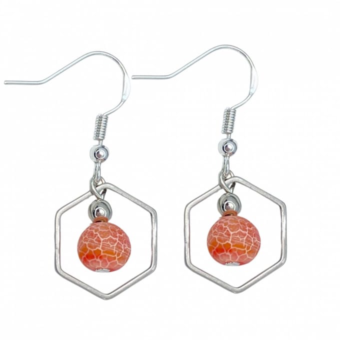 Oorbellen- RVS-hexagon-oranje-crackle-Charme Bijoux