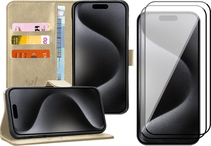 Hoesje geschikt voor iPhone 15 Pro - 2x Screen Protector FullGuard - Book Case Kunstleer Pasjeshouder Goud & Screenprotector