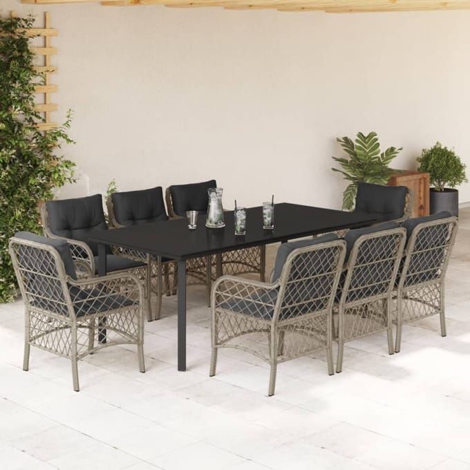 vidaXL - 9-delige - Tuinset - met - kussens - poly - rattan - lichtgrijs