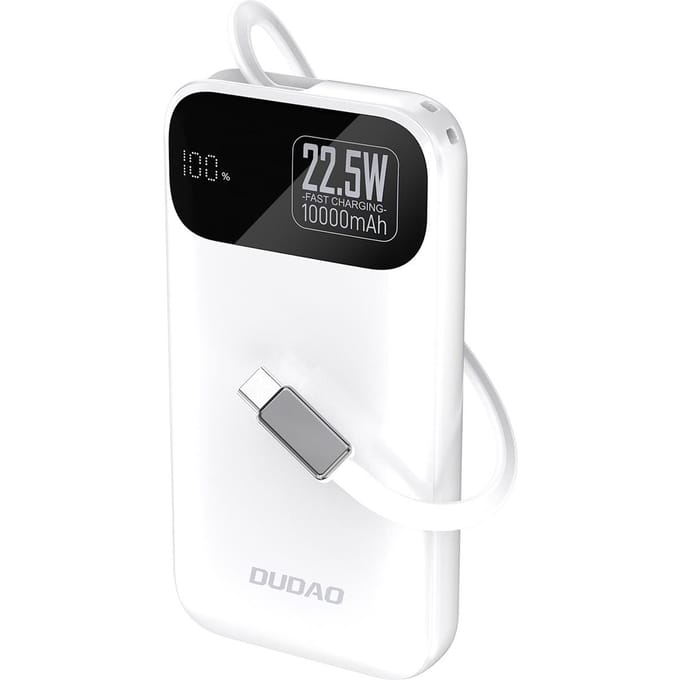 Dudao K31 10000 mAh 22.5W PD Powerbank with Built-in Cable - White - 10000 mAh