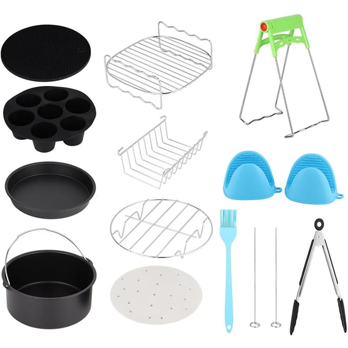 Kit de friteuse à air chaud universel 7 pouces (12 pièces) avec panier à gâteaux et accessoires black