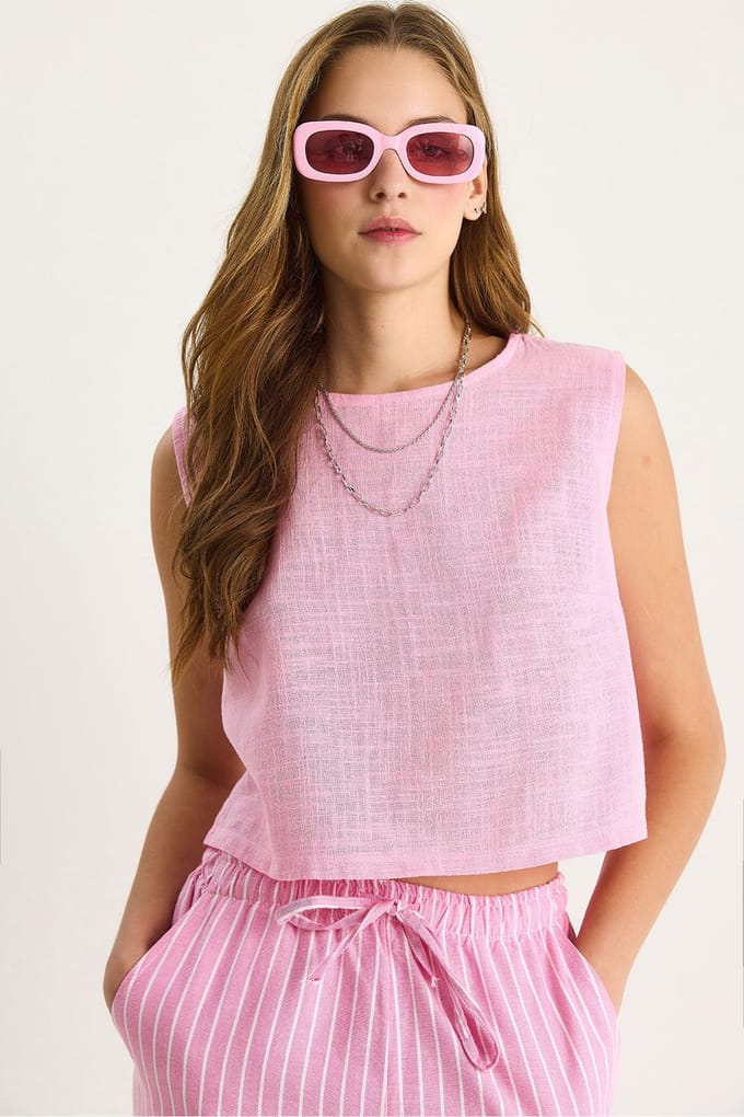 Linnenmix Korte Mouw Crew Neck Blouse