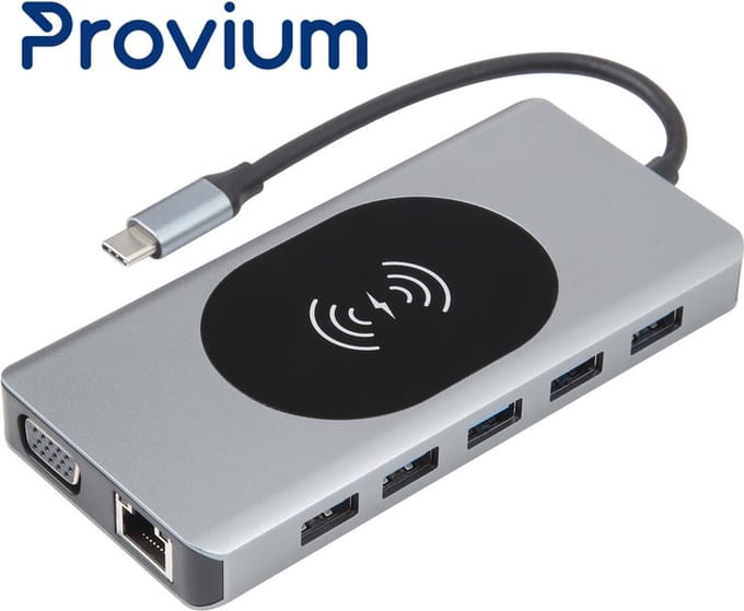 USB-C Hub - 14 in 1 - Multi USB-C Docking Station adapter splitter met draadloos opladen - VGA - HDMI - AUX - USB 3.0 - Ethernet - Grijs - Provium