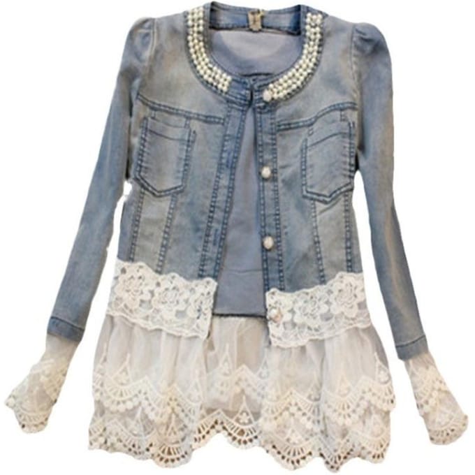 Denim Jas Mode Kralen Dunne Splicing Denim Kleding Vrouwen S gray