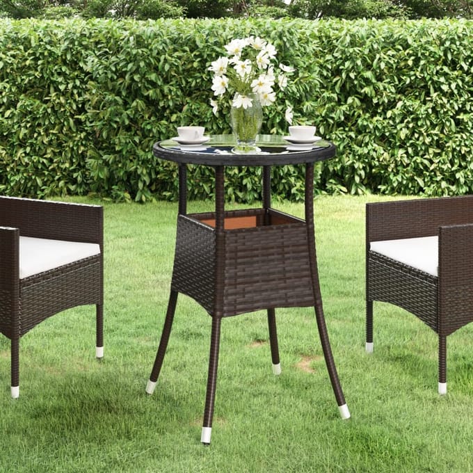 vidaXL - Tuintafel - Ø60x75 - cm - gehard - glas - en - poly - rattan - bruin
