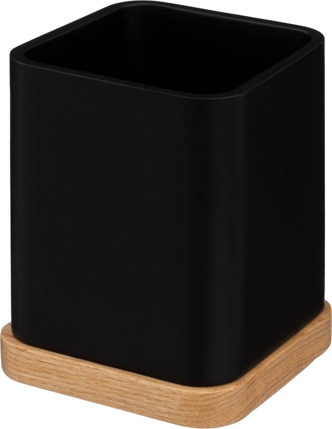 5Five tandenborstelhouder/organizer - zwart - 10 x 8 cm - bamboe - vierkant - tandenborstel beker