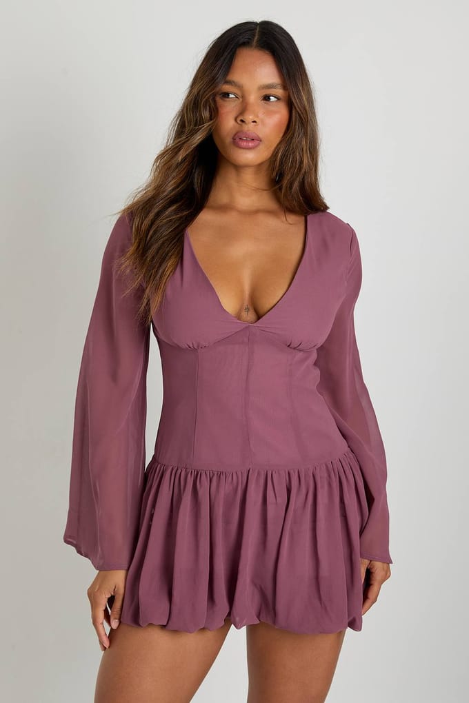 boohoo Dames Chiffon mini-jurk met lage taille en pofbal | Rose | Maat: 8