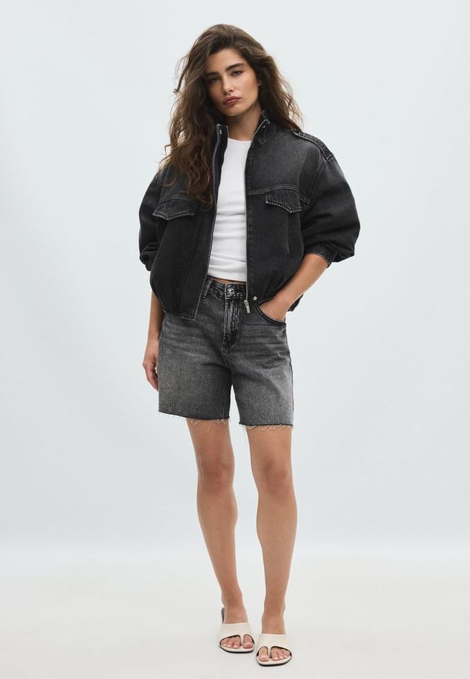 Stradivarius Ballonmodel denim jas  ZWARTE DENIM WASSING M