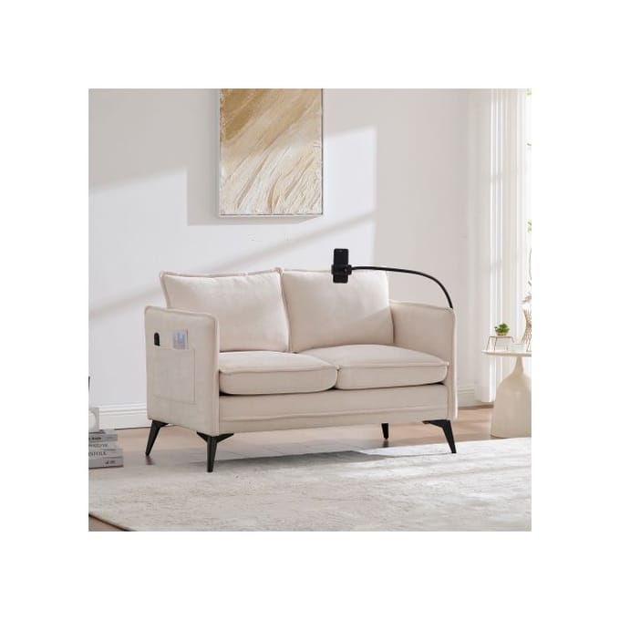 Canapé double - MUVOE - Moderne - Tissu beige - Support téléphone réglable - Rangement latéral