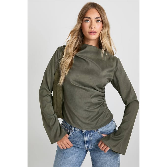 boohoo Dames Top met hoge halslijn geraffelde top | Khaki | Maat: 10