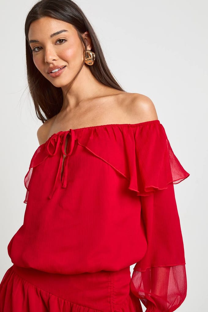 boohoo Dames Ruches Chiffon Bardot Blouse | Rood | Maat: 34