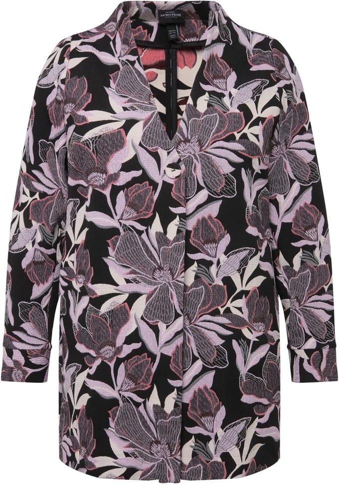 Ulla Popken - Dames - Jacquard jas bloemen goblet kraag - Zwart - Maat 54+