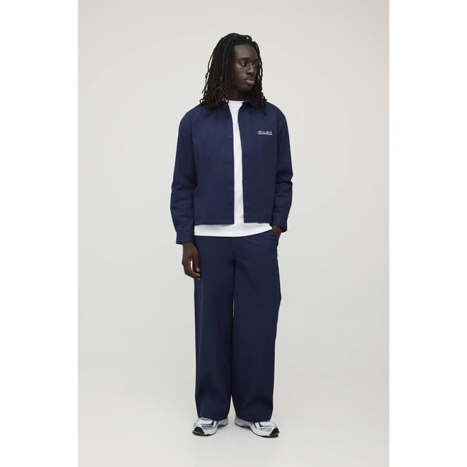 Soft Twill Embroidered Oversized Shirt & Baggy Trouser Set | Navy | Size Medium