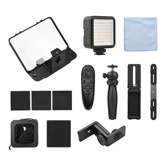 Andoer A10 draagbare smartphone DSLR-camera Teleprompter Prompter Kit met telefoonhouder LED-vulling zwart
