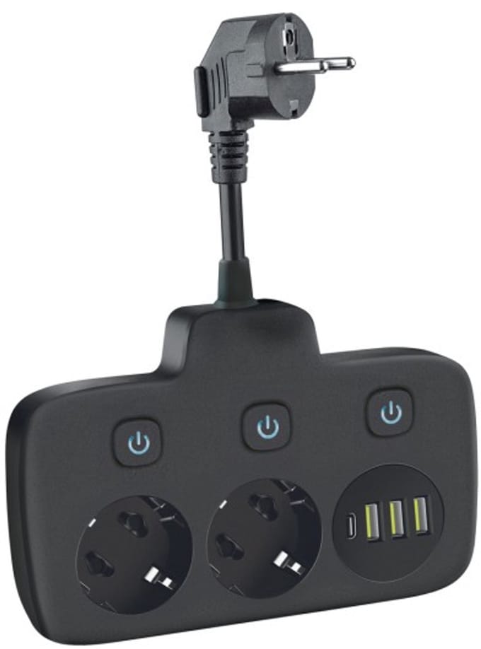 Kobi Verlengsnoer - 2 stopcontacten + 3x USB-A & 1x USB-C - 0.2 meter - zwart