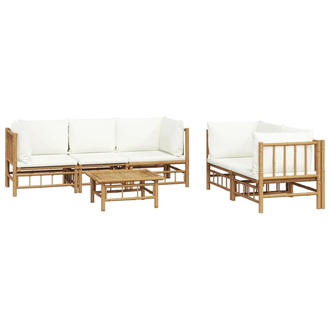 vidaXL - 6-delige - Loungeset - met - kussens - bamboe - crèmewit