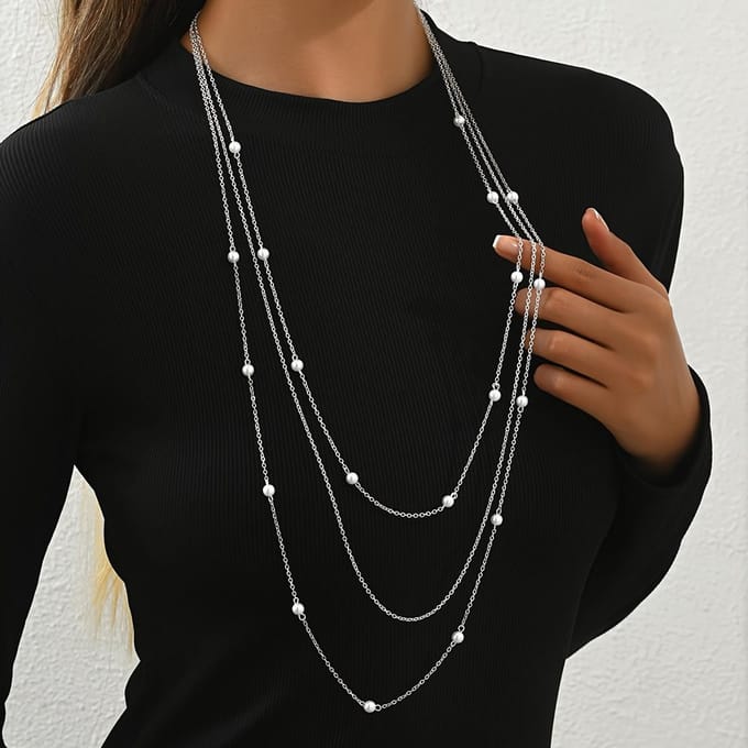 Modieuze Elegante Herfst en winter Imitatie Parel gelaagde Damesketting, geometrische trendy trui ketting ketting brown