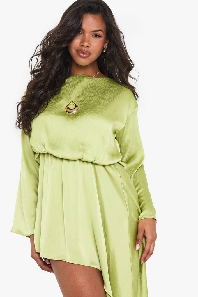 boohoo Dames Bootkraag Blouson Gedrapeerde Mini Jurk | Limoen | Maat: 36