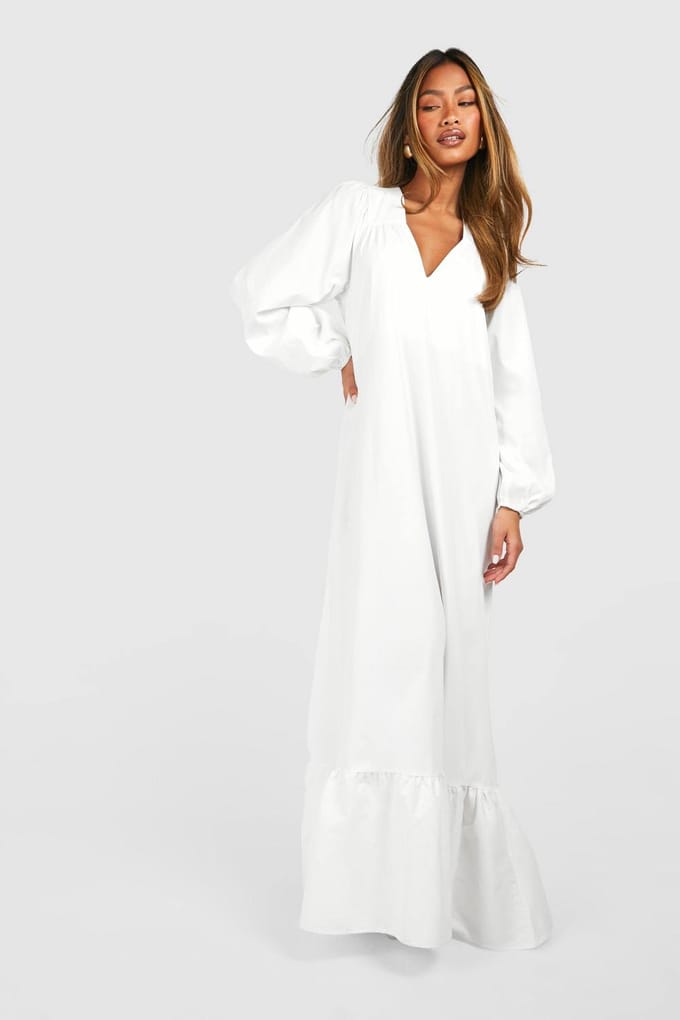 boohoo Dames Poplin Blouson Mouw Trapeze Maxi Jurk | Wit | Maat: 38