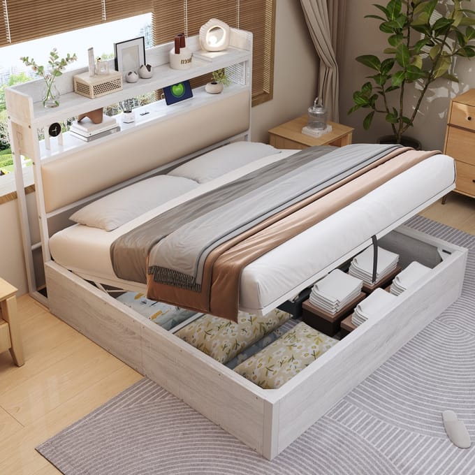 REDOM bedframe 180x200 cm – Metaal + hout wit – Gestoffeerd hoofdbord, hydraulische opbergruimte, USB