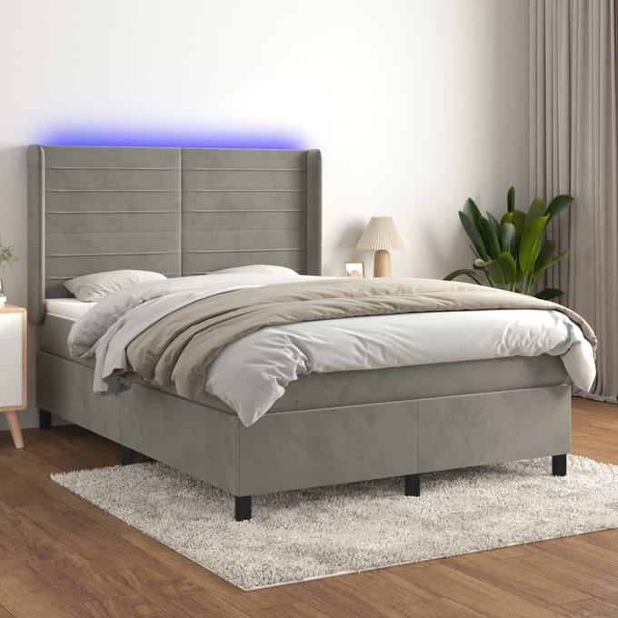vidaXL - Boxspring - met - matras - en - LED - fluweel - lichtgrijs - 140x190 - cm