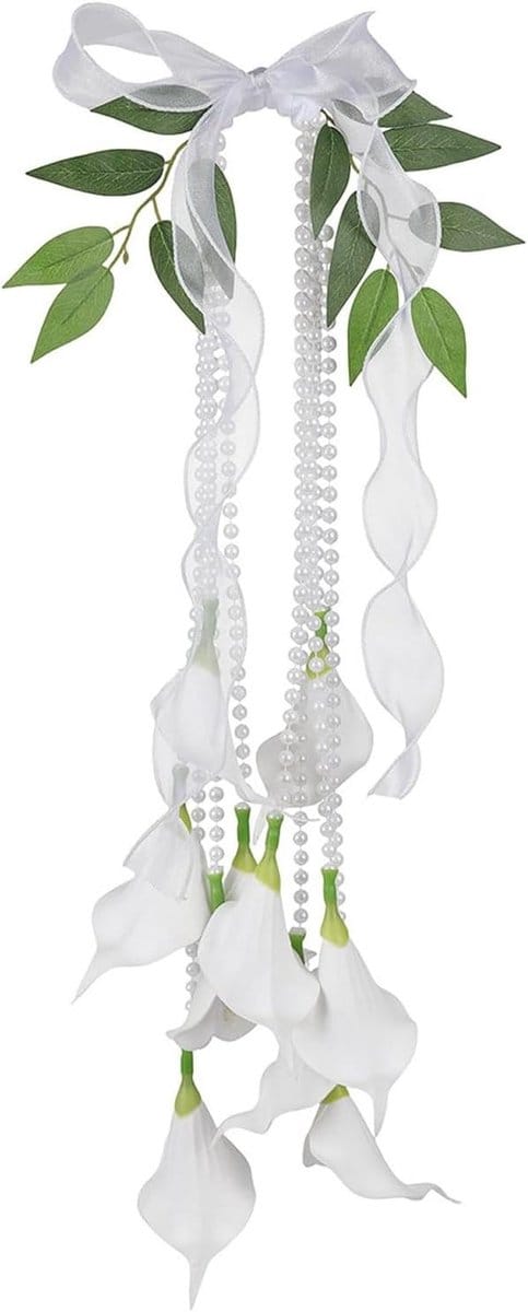 Witte Calla Lelies - Bruidsboeket - Bruiloft Decoratie - Handgemaakte Parels - 60 x 32 cm - Wit