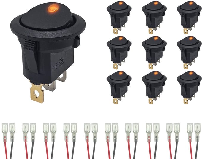 ProRide Wipschakelaar ON-OFF KCD2-12 - met Aansluitkabels - 3 pins - Rond - 12V/20A - LED indicator Oranje - 10 stuks
