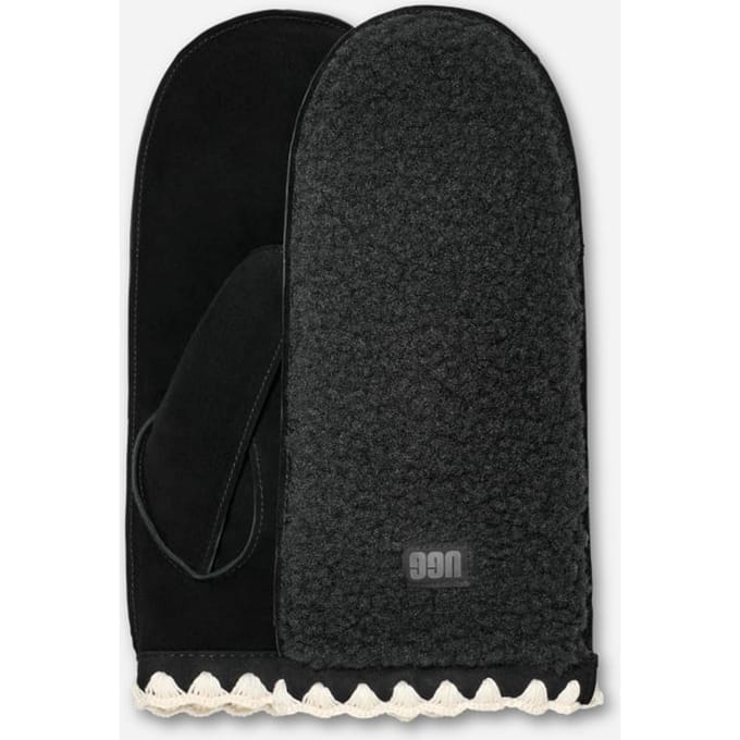 UGG® UGG fluff Scalloped Mitten for Women in Black, Size S/M, Leather/Fleece/Polyester