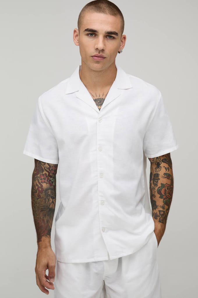Regular Fit Linnen Blend Overhemd Met Korte Mouwen | White | Size 3XL