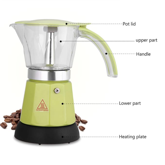 300ml/6 Kopjes 480W Elektrische Moka Pot Afneembaar Keuken Fornuis Koffiezetapparaat Groen rood