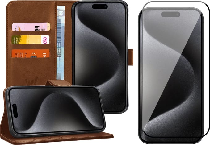 Hoesje geschikt voor iPhone 15 Pro Max - Screen Protector FullGuard - Book Case Kunstleer Pasjeshouder Bruin & Screenprotector